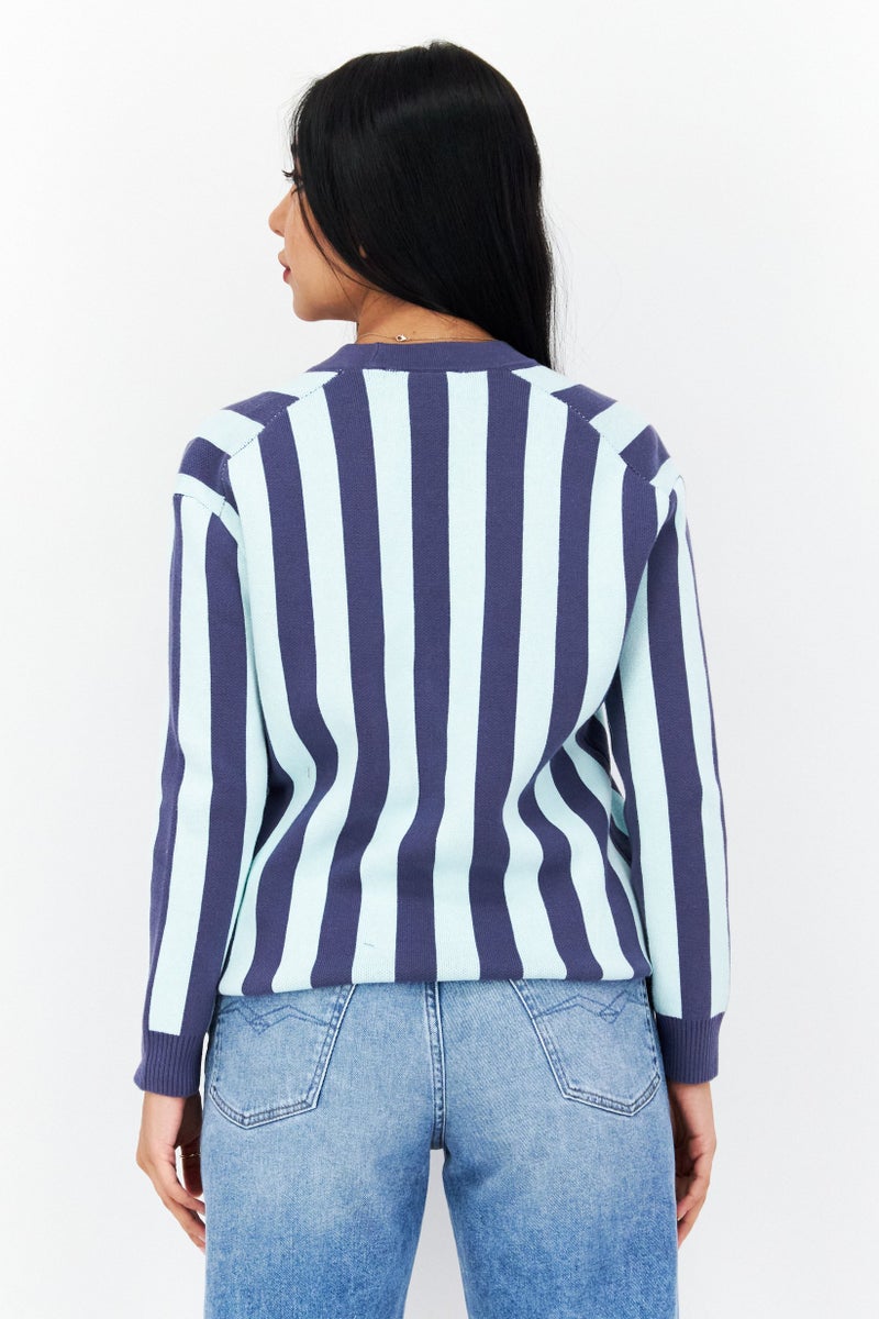 Lyle & Scott Women V-Neck Stripe Knitted Cardigan, Blue  - Image 2