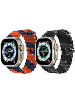Silicone Ocean Band Strap for Apple Watch Ultra 8 49mm Orange/Blue Double Line Strap with Black/Gray Double Line Strap Set of 2