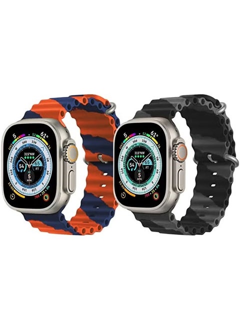 Silicone Ocean Band Strap for Apple Watch Ultra 8 49mm Orange/Blue Double Line Strap with Black/Gray Double Line Strap Set of 2