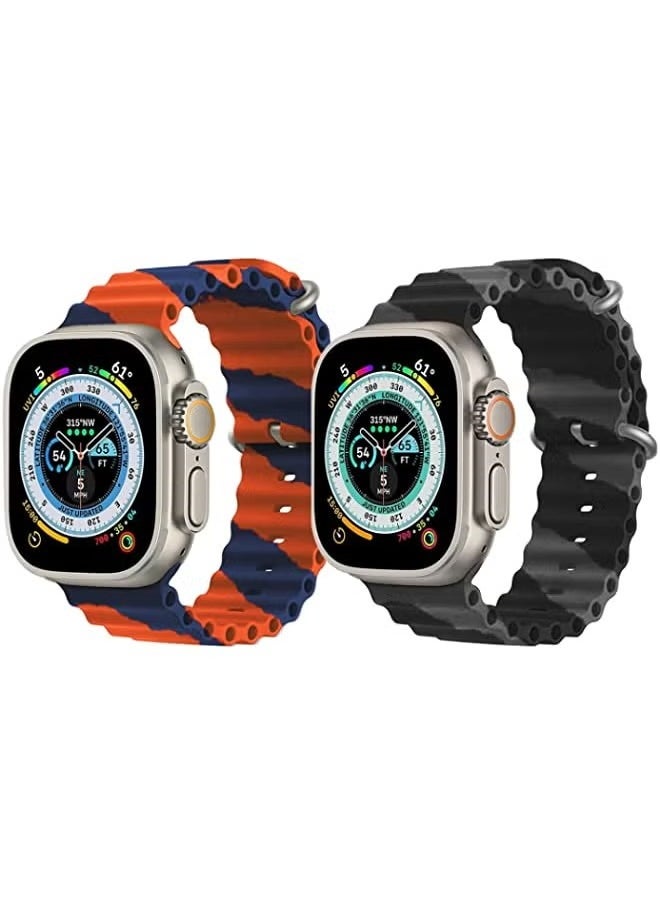 vesus - Silicone Ocean Band Strap for Apple Watch Ultra 8 49mm Orange/Blue Double Line Strap with Black/Gray Double Line Strap Set of 2 - Image 1