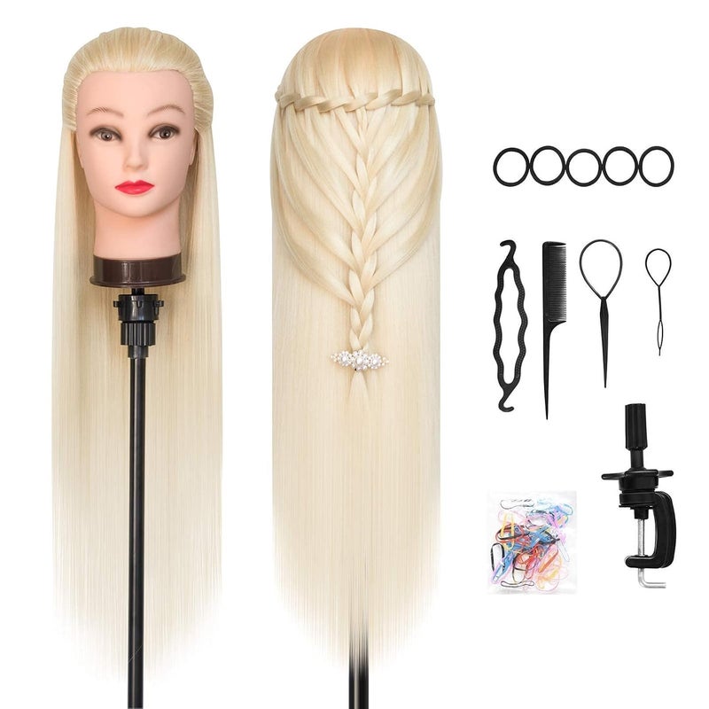 Mannequin Head Hair Styling 28 Training Head Manikin Cosmetology Doll Head Synthetic Fiber Hair with DIY Braiding Set Free Table Clamp 613
