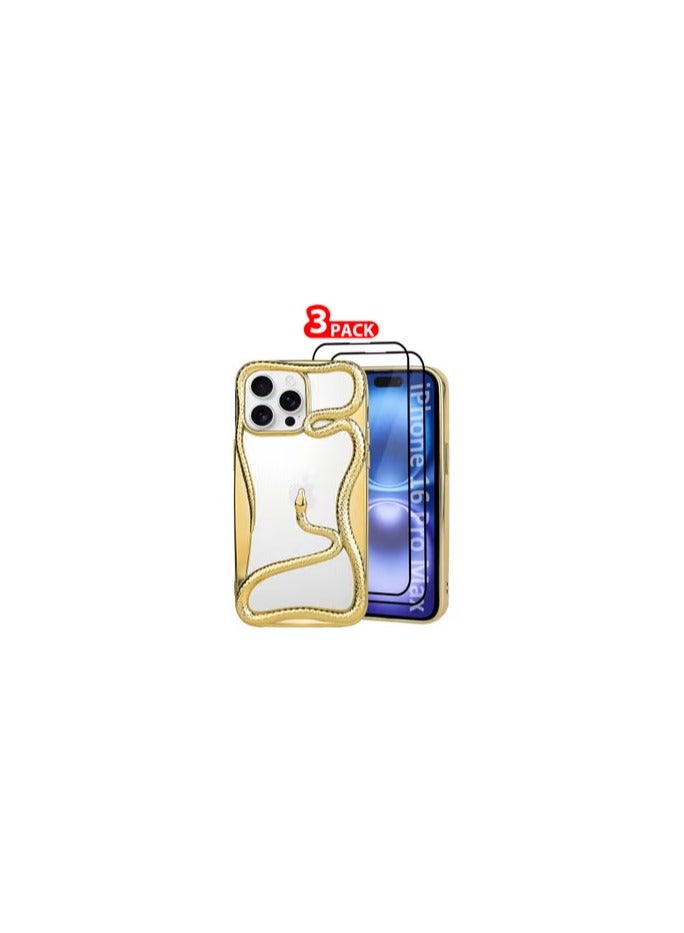 CATANES iPhone 16 Pro Max 3Packs Snake Case Cover Soft TPU and Glossy with Two 3D Shockproof Screen Protector - Gold - Image 2