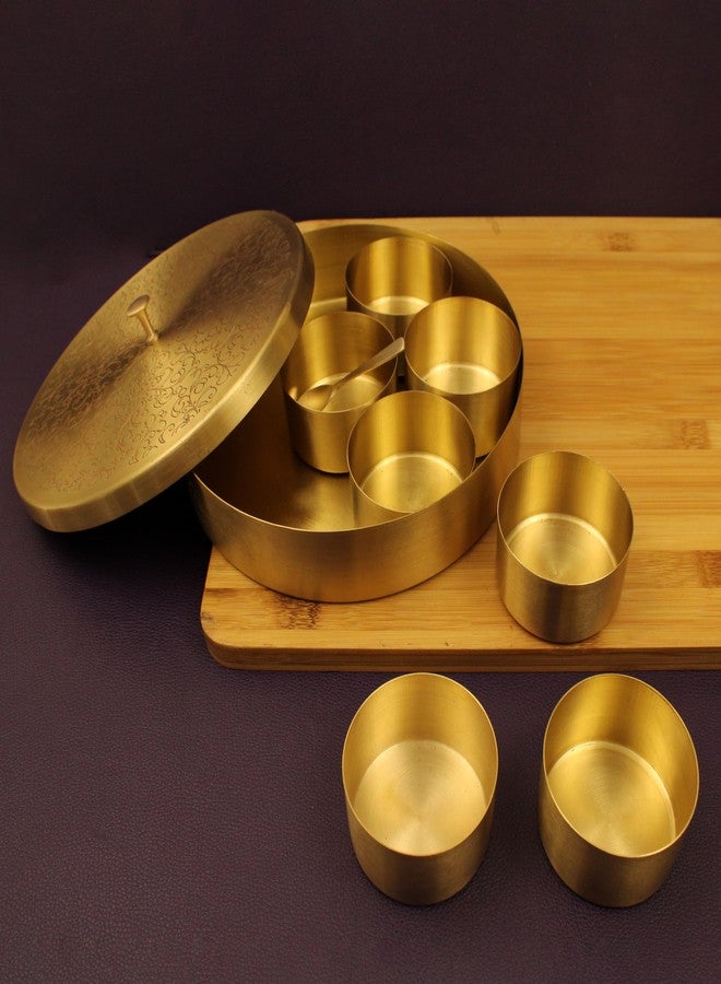 Spillbox Brass Spice Box Indian Set For Kitchen With Spoon|Brass Masala Box|Masala Dani|Masala Dabba & Spice Container Engraved design - Image 3
