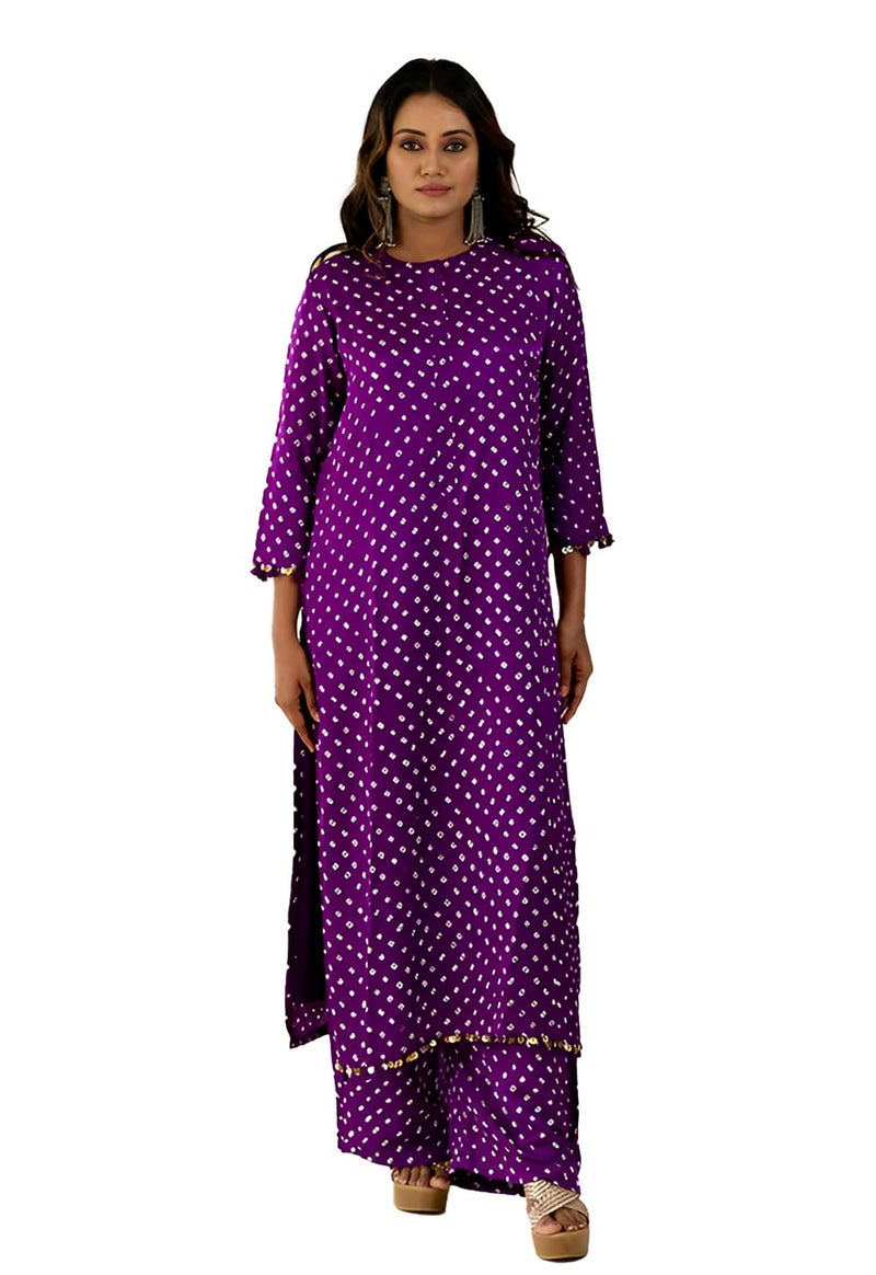 LookMark Women's Cotton Blend Bandhej Printed Bandhani Kurta Palazzo Set with Sequence Lace (AZ-LM-OG-KS2201 Purple-M) - Image 1