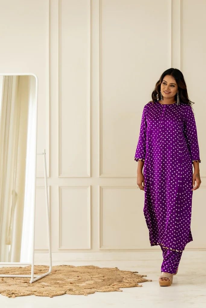 LookMark Women's Cotton Blend Bandhej Printed Bandhani Kurta Palazzo Set with Sequence Lace (AZ-LM-OG-KS2201 Purple-M) - Image 2
