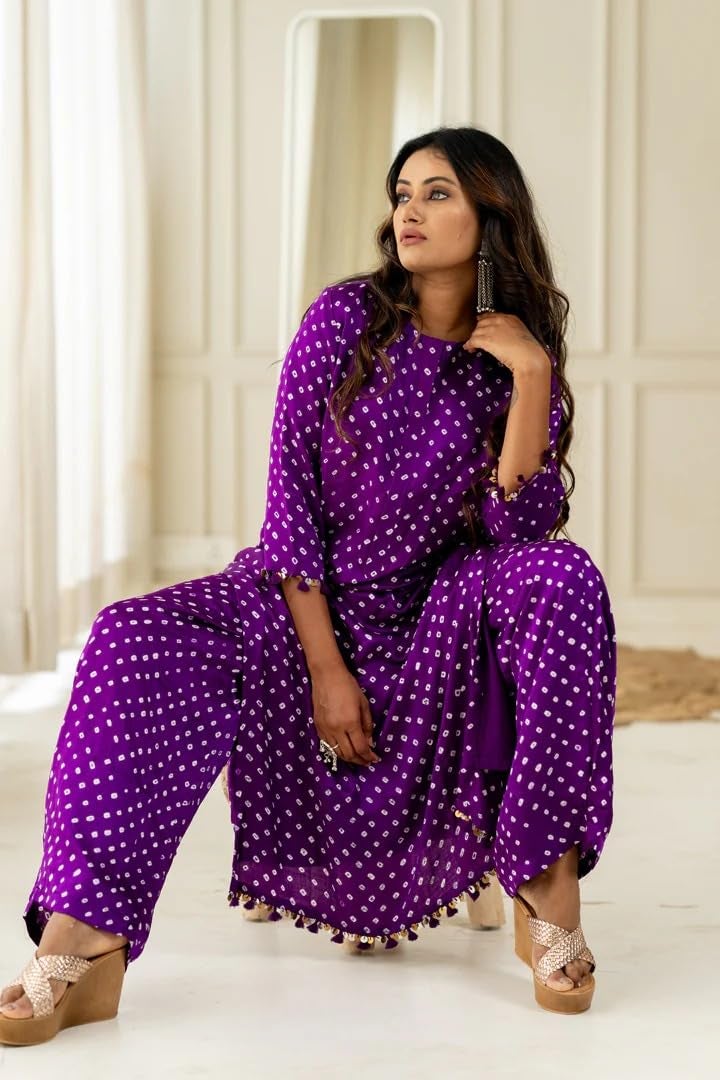 LookMark Women's Cotton Blend Bandhej Printed Bandhani Kurta Palazzo Set with Sequence Lace (AZ-LM-OG-KS2201 Purple-M) - Image 4