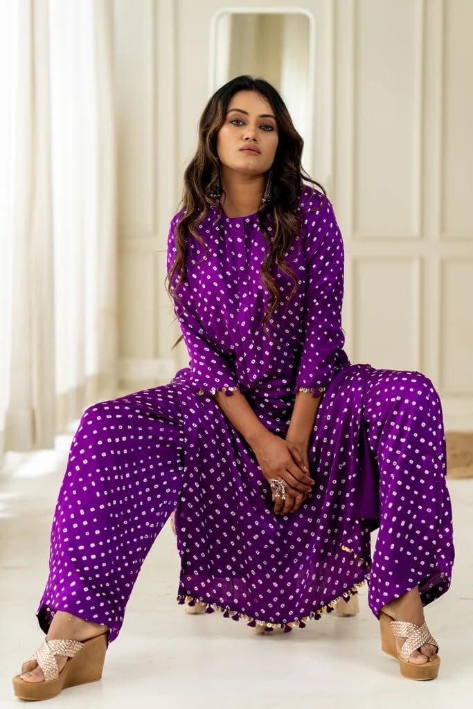 LookMark Women's Cotton Blend Bandhej Printed Bandhani Kurta Palazzo Set with Sequence Lace (AZ-LM-OG-KS2201 Purple-M) - Image 3