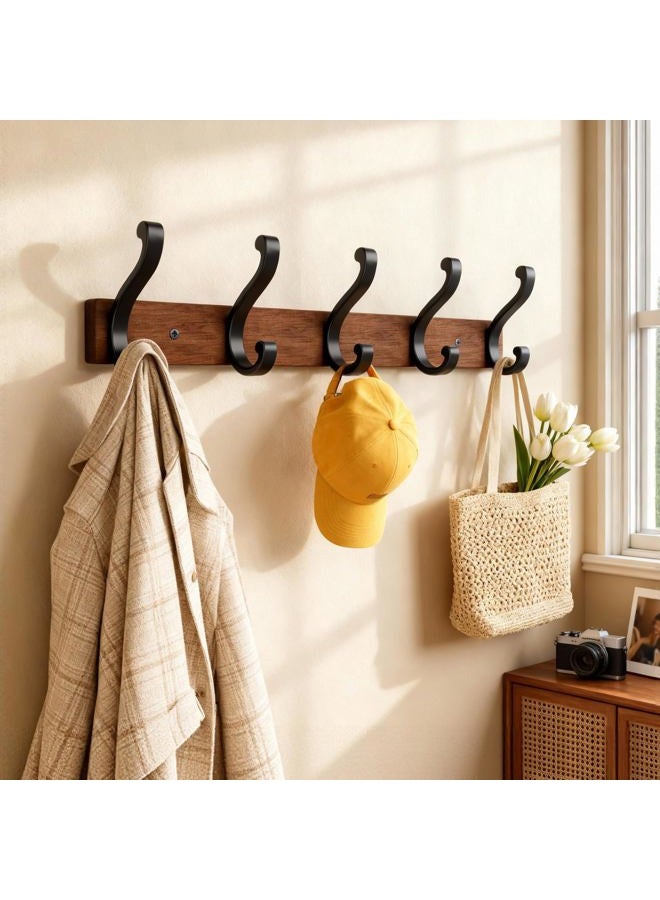 Jasopaco Rustic Wall Mounted Coat Rack, Wooden Base with Black Metal Hooks, Entryway Storage Organizer, 2-Pack, Brown and Black, 5 Hooks Each - Image 4