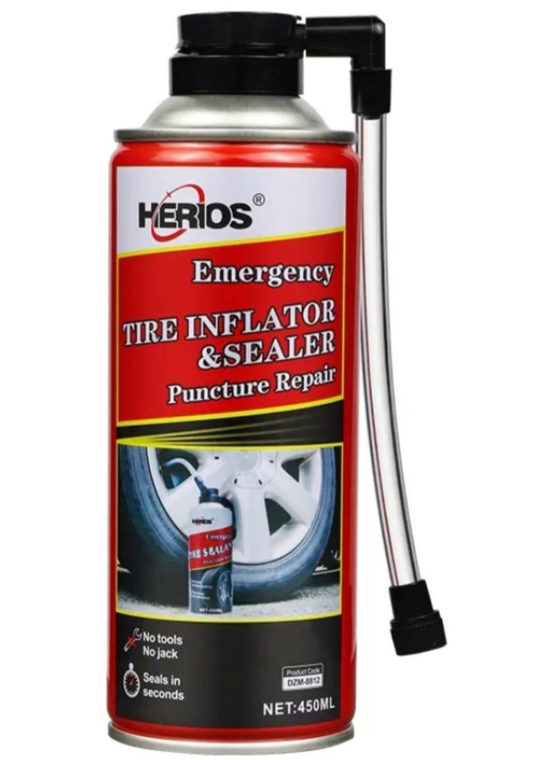 HERIOS Tire Sealer and Inflator for Emergency, 450ml, Leakage within 6mm, No Jack Needed, 30 sec to 3 min - Image 1