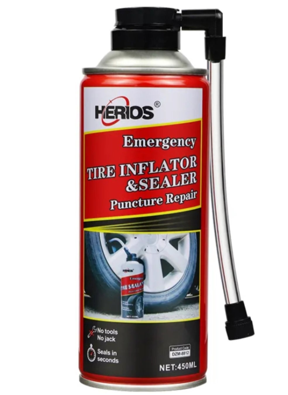 HERIOS Tire Sealer and Inflator for Emergency, 450ml, Leakage within 6mm, No Jack Needed, 30 sec to 3 min 