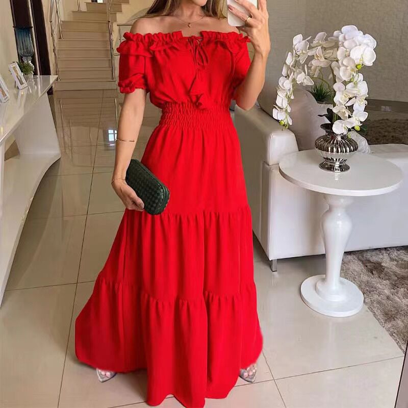 2024 new European and American cross-foreign fashion Lotus lace-up leaf tube top puff sleeve large swing dress Black - Image 4