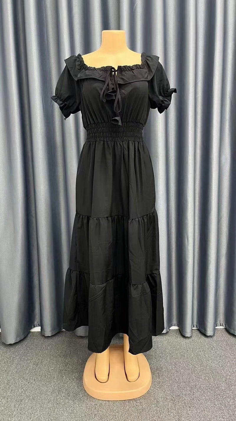 2024 new European and American cross-foreign fashion Lotus lace-up leaf tube top puff sleeve large swing dress Black - Image 1