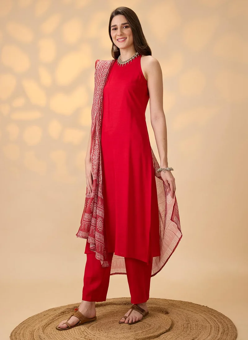 globus Globus Women Red Halter Neck Solid A-Line Kurta With Pants & Printed Dupatta Festive Set