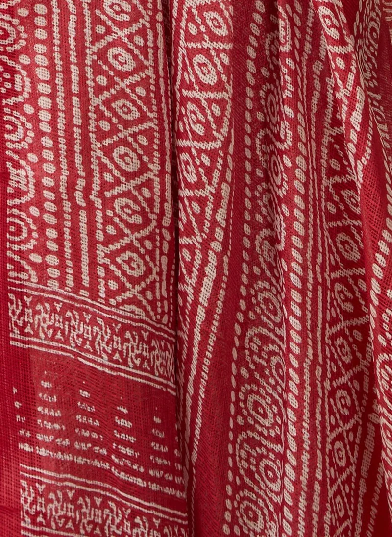 globus Globus Women Red Halter Neck Solid A-Line Kurta With Pants & Printed Dupatta Festive Set