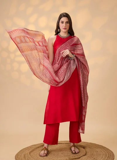globus Globus Women Red Halter Neck Solid A-Line Kurta With Pants & Printed Dupatta Festive Set