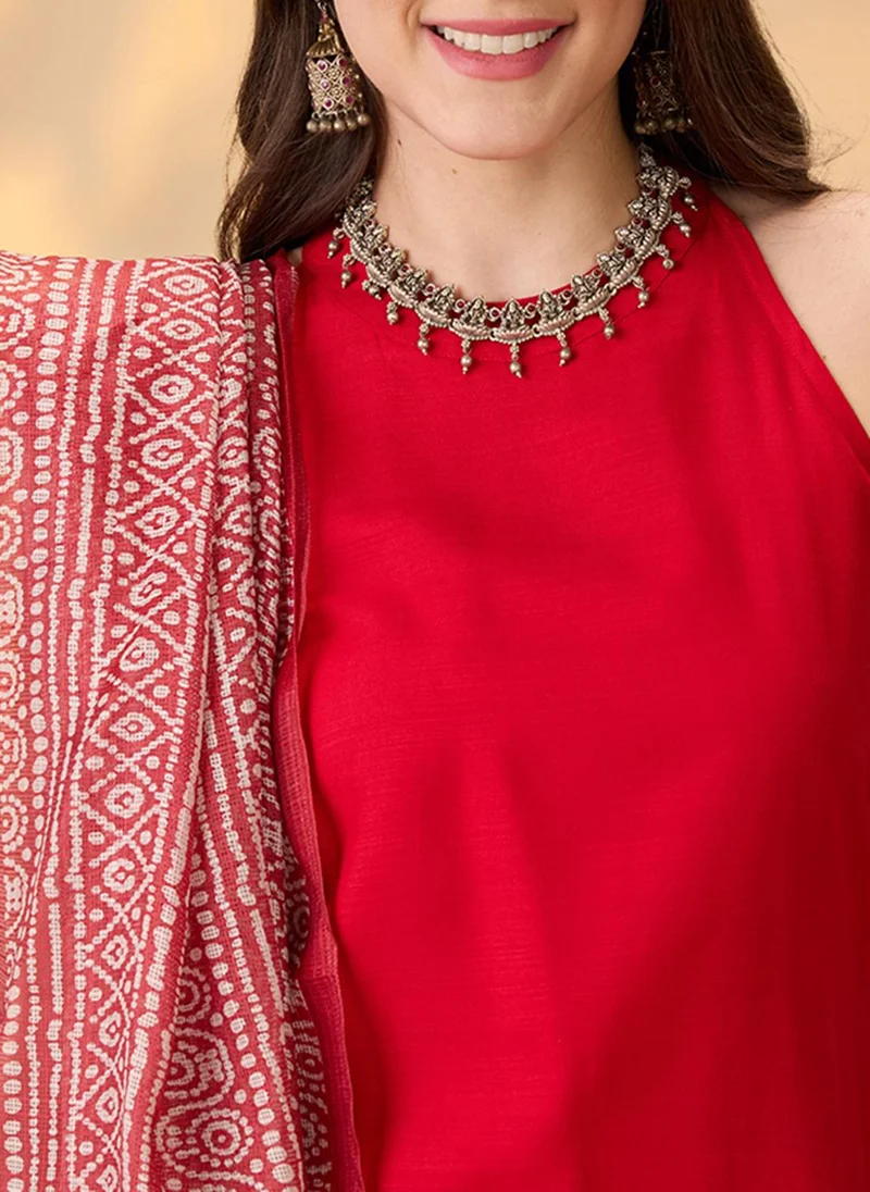 globus Globus Women Red Halter Neck Solid A-Line Kurta With Pants & Printed Dupatta Festive Set