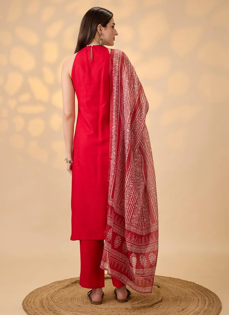 globus Globus Women Red Halter Neck Solid A-Line Kurta With Pants & Printed Dupatta Festive Set