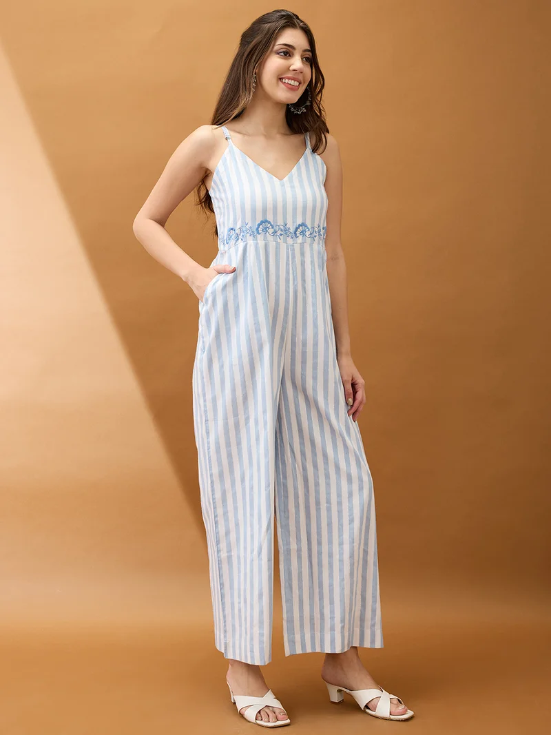 globus Women Blue Striped V-Neck Shoulder Strap Embroidered Detail Wide Leg Fusion Jumpsuit