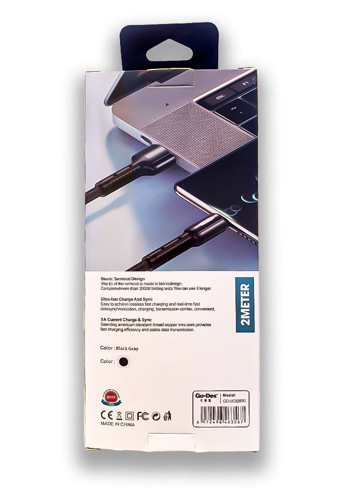 GO-DES - Go Des GD UC529TC High Speed 5A Smart Chip Type C Cable 2 Meter Nylon Braided Ultra Durable For Rapid Charging And Data Transfer - Image 1