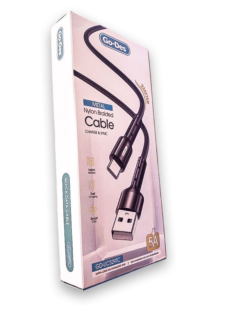 GO-DES - Go Des GD UC529TC High Speed 5A Smart Chip Type C Cable 2 Meter Nylon Braided Ultra Durable For Rapid Charging And Data Transfer - Image 1