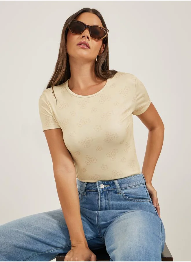 ستايلي Ribbed Floral Print Round Neck T-Shirt