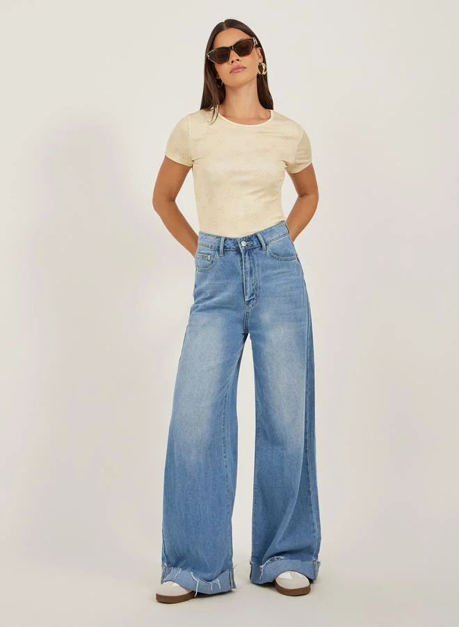 Styli Ribbed Floral Print Round Neck T-Shirt