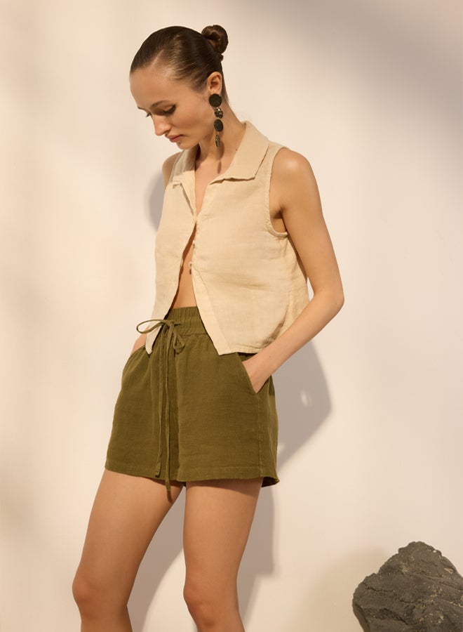 trendyol Khaki 100% Linen Elastic Waist High Waist Shorts  - Image 2