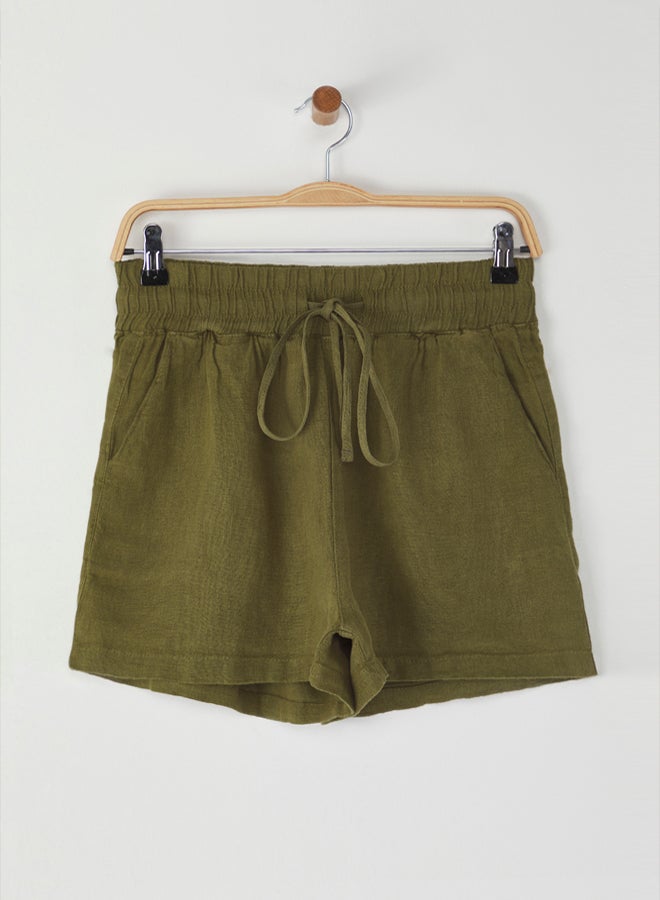 trendyol Khaki 100% Linen Elastic Waist High Waist Shorts  - Image 5