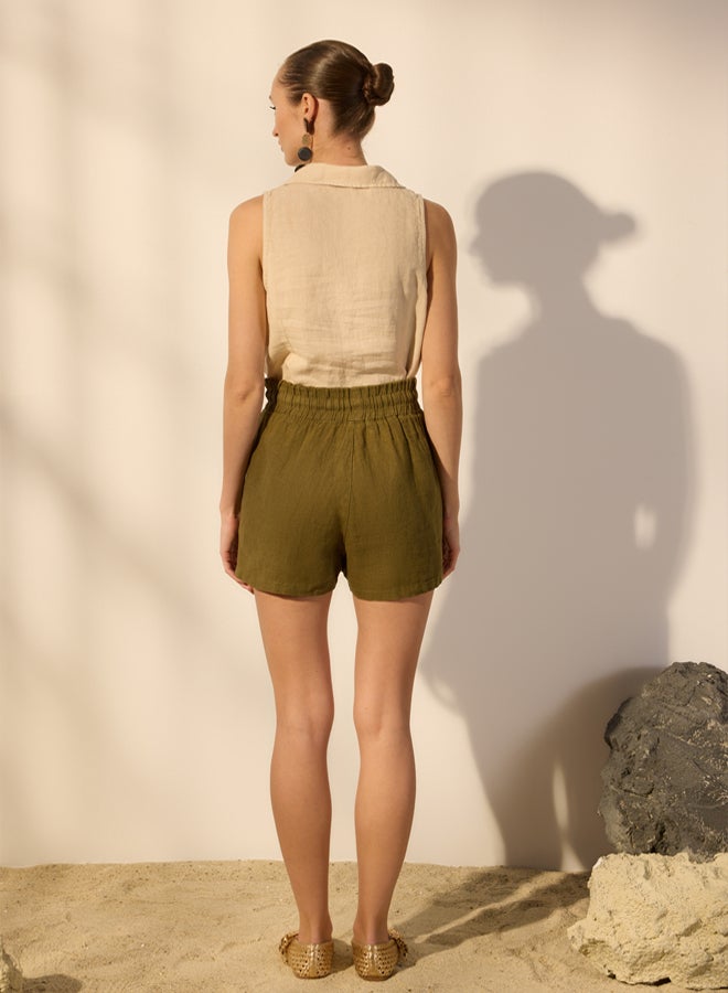 trendyol Khaki 100% Linen Elastic Waist High Waist Shorts  - Image 4