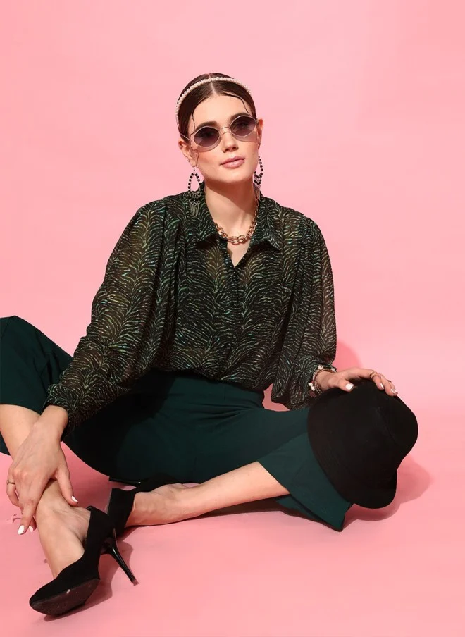 STREET 9 Green Sheer Printed Casual Shirt for Women