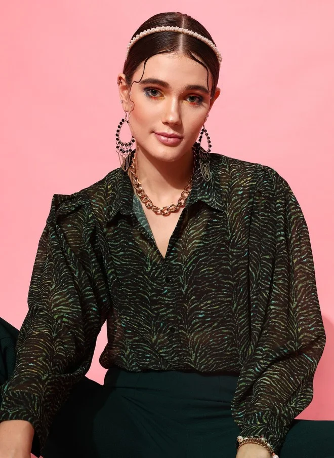 STREET 9 Green Sheer Printed Casual Shirt for Women
