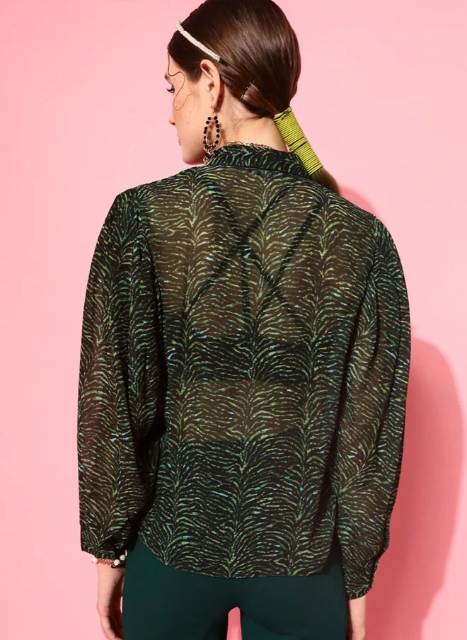 STREET 9 Green Sheer Printed Casual Shirt for Women