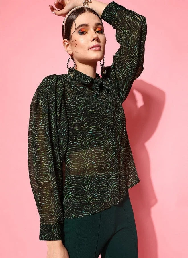 Green Sheer Printed Casual Shirt for Women