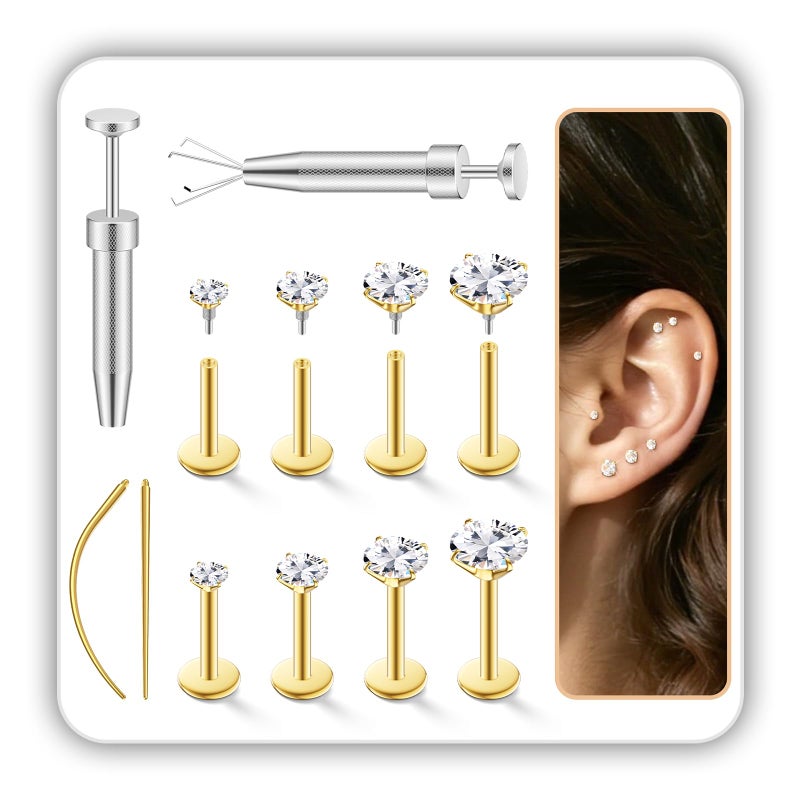 ANYIWLD 16G Flat Back Stud Earrings for Women Men Set - Hypoallergenic Surgical Steel Internal Thread Tragus Helix Cartilage Conch Nose Piercing Jewelry - Be Equipped With Piercing Ball Grabber Tool (Gold) - Image 1