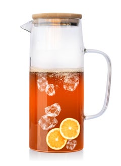 MIBRU Cold Drinks Juice Glass Jug Wood Lid 1000ml Pitcher with Lid Hot and Water and Iced Tea Beverage Carafe Handmade for Lemon  - Image 1