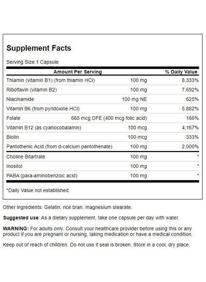 SWANSON Vitamin B100 Vitamin Supplement Promoting Energy & Metabolism Support High Potency Formula Supporting Heart Health Brain Health & Nervous Function (100 Capsules) - Image 3