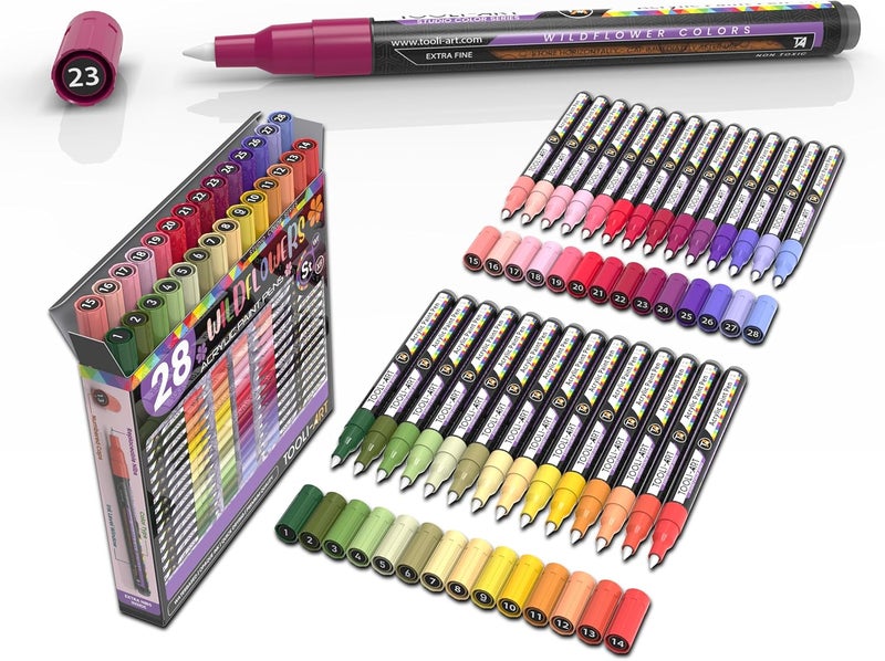 تولي-آرت مجموعة أقلام تلوين أكريليك من سلسلة ألوان ستوديو، ٢٨ قلمًا، برأس دقيق جدًا ٠.٧ مم، بنقشة زهور برية، مناسبة للرسم على الصخور، والزجاج، والأكواب، والخشب، والمعادن، والقماش، وأعمال يدوية، والتفاصيل. غير سام، ذو أساس مائي، وسريع الجفاف. - Image 1