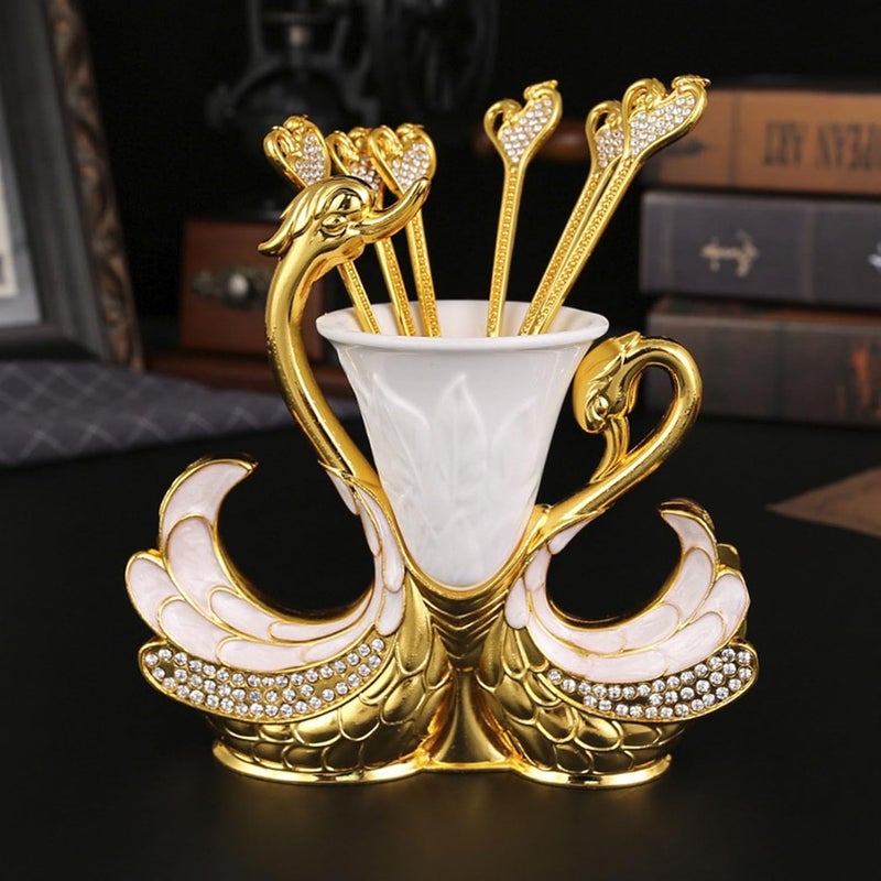 Swan Shape Spoon Holder with 6 Spoons, Elegant Zinc Alloy Dinnerware Set for Coffee Fruits Desserts, Mirror Polished Craft (#1) - Image 2