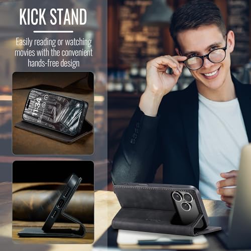 Cracedily for iPhone 17 Pro Case, Flip Wallet Leather Case with Card Holder Magnetic Closure Shockproof Kickstand Protective Phone Cases Cover for iPhone 17 Pro, Black - Image 5