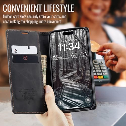 Cracedily for iPhone 17 Pro Case, Flip Wallet Leather Case with Card Holder Magnetic Closure Shockproof Kickstand Protective Phone Cases Cover for iPhone 17 Pro, Black - Image 4