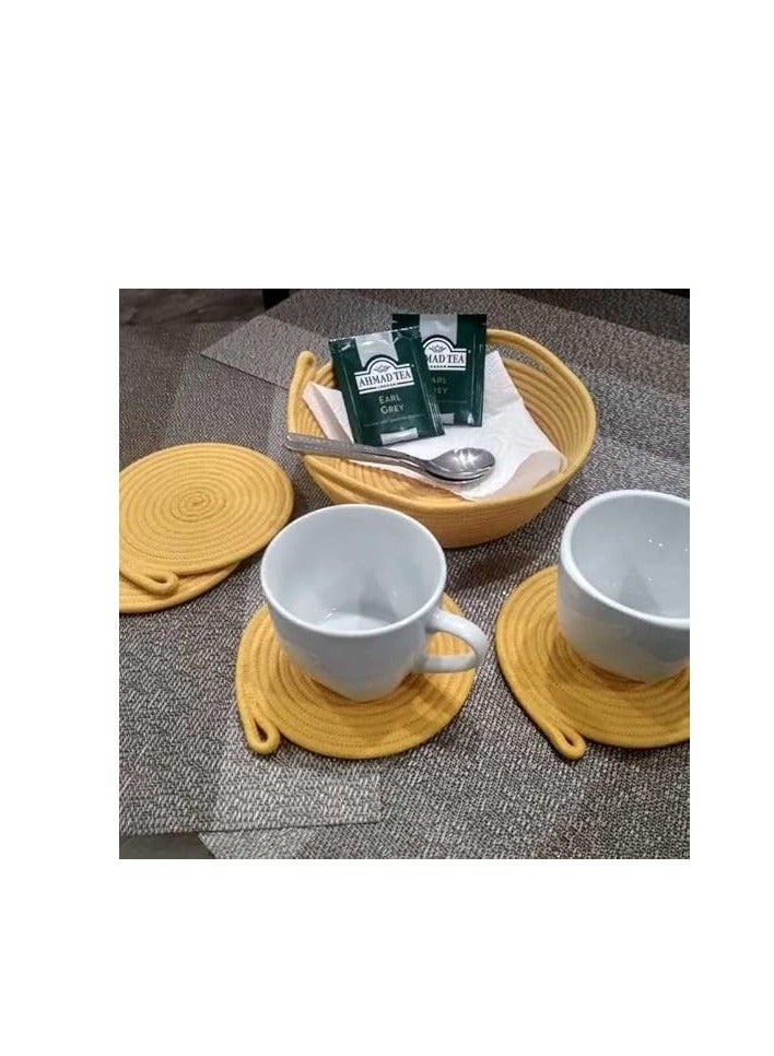 عام مجموعة قواعد ماصة لاكواب المشروبات مصنوعة من قطن منسوج بتصميم بسيط جميل لحماية الترابيزة وديكور المنزل، متوافقة مع جميع انواع الاكواب، مكونة من 6 قطع وحامل + سلة للملاعق وادوات المائدة منMZ - Image 3