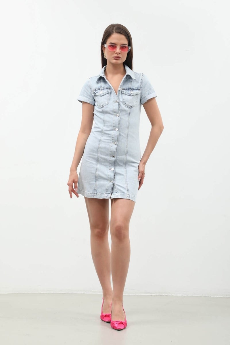 Banny Jeans Short Sleeve Buttoned Front Jean Dress Light Blue - Image 4