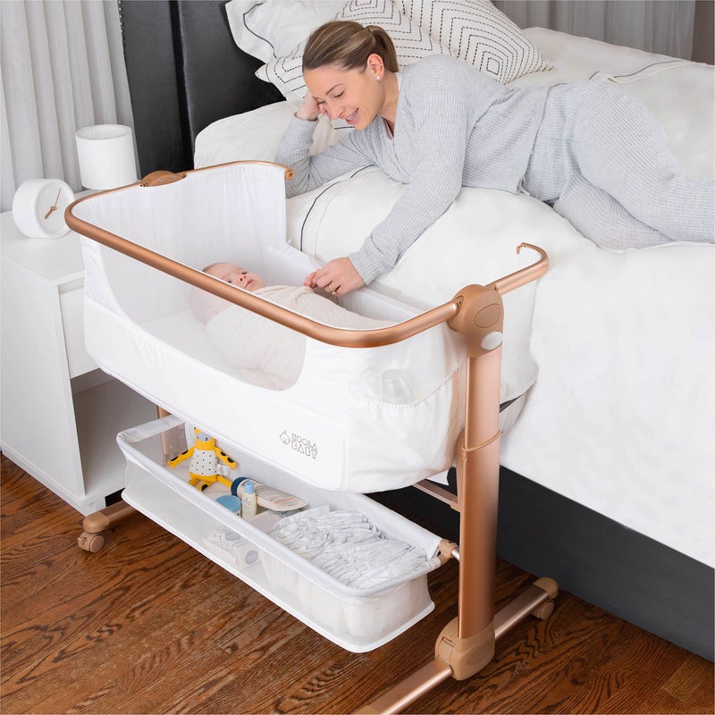 KoolerThings Baby Bassinet Bedside Sleeper for Baby Easy Folding Portable Crib with Storage Basket for Newborn Bedside Bassinet Comfy MattressTravel Bag Included Bassinet White Gold