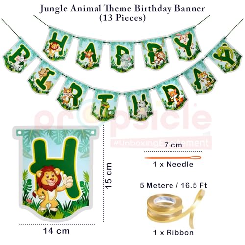 Propsicle Jungle Safari Birthday Party Decoration Set, Happy Birthday Banner with Animal Cutouts, 13 Pieces Banner and 9 Pieces Cutouts, Cake Topper - Image 3