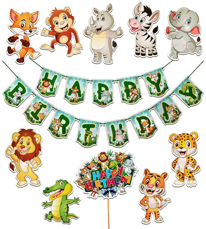 Propsicle Jungle Safari Birthday Party Decoration Set, Happy Birthday Banner with Animal Cutouts, 13 Pieces Banner and 9 Pieces Cutouts, Cake Topper - Image 1