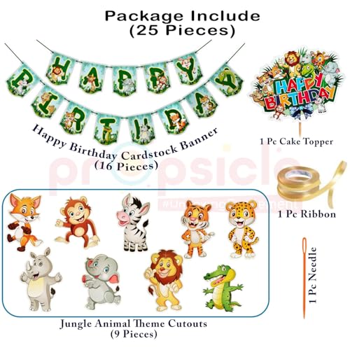 Propsicle Jungle Safari Birthday Party Decoration Set, Happy Birthday Banner with Animal Cutouts, 13 Pieces Banner and 9 Pieces Cutouts, Cake Topper - Image 2