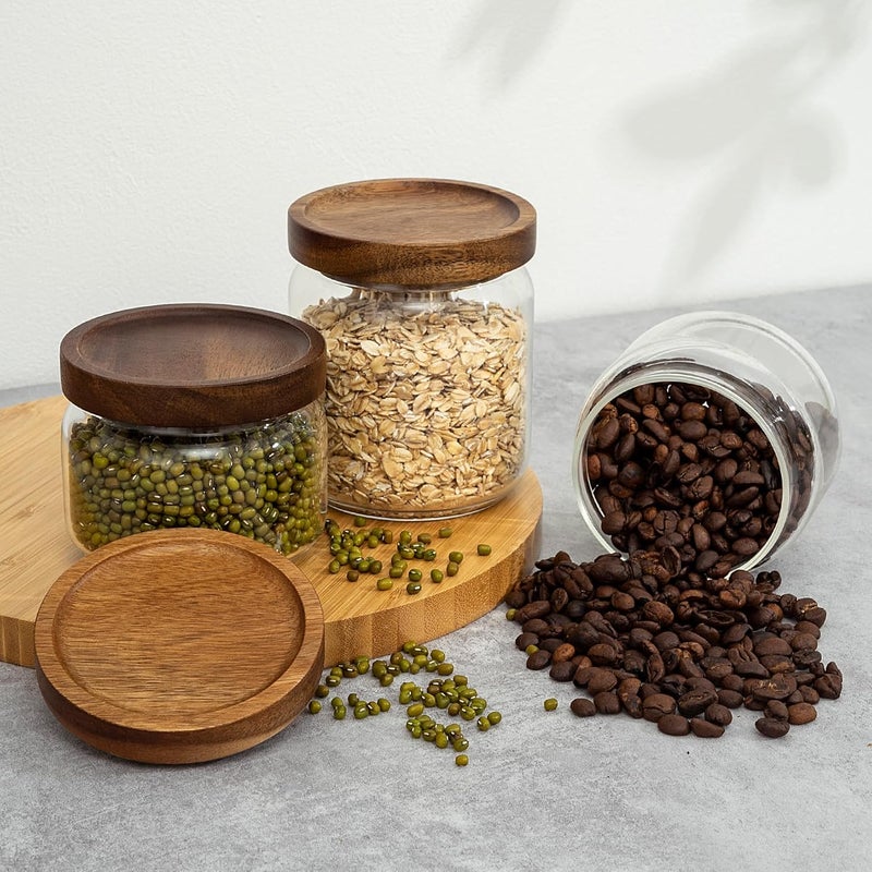 piconesper 2PCS Small Glass Storage Jars with Airtight Lids, 17 fl oz (500ml) coffee container with Wooden Lid, Glass Pantry Canister for Beans, Rice, Sugar and etc - Image 5