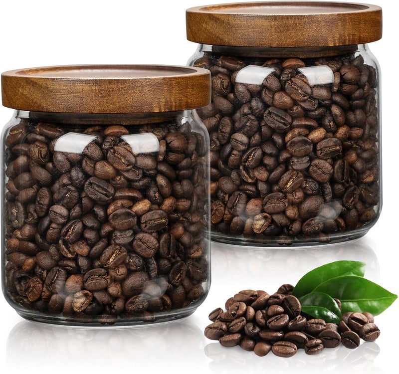 piconesper 2PCS Small Glass Storage Jars with Airtight Lids, 17 fl oz (500ml) coffee container with Wooden Lid, Glass Pantry Canister for Beans, Rice, Sugar and etc - Image 1