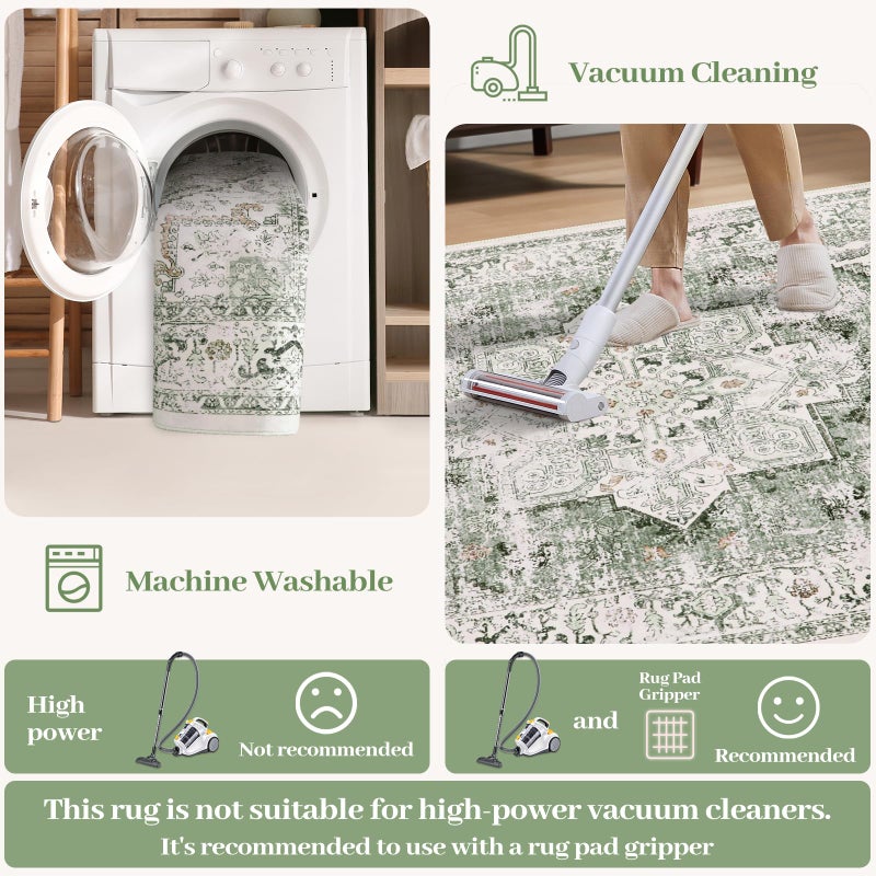 LIVEBOX 6x9 Sage Green Rug for Living Room- Large Oriental Rug for Bedroom, Non-Slip Retro Dining Room Rugs for Under Table, Low-Pile Soft Vintage Rugs for Office Guest Room - Image 3