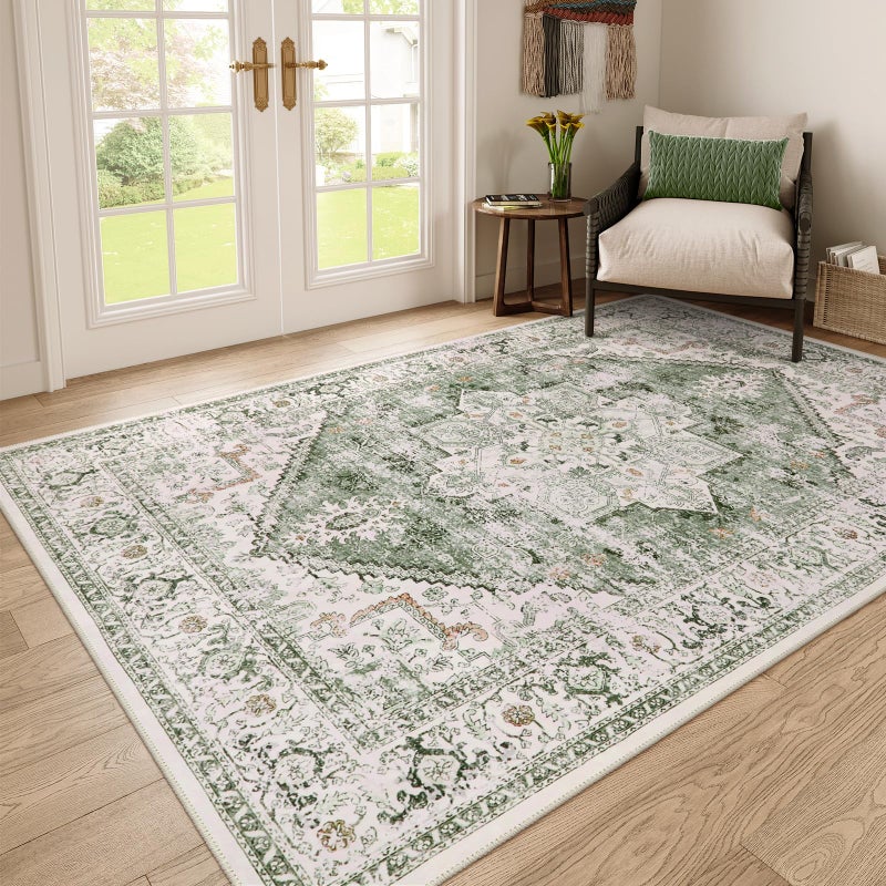LIVEBOX 6x9 Sage Green Rug for Living Room- Large Oriental Rug for Bedroom, Non-Slip Retro Dining Room Rugs for Under Table, Low-Pile Soft Vintage Rugs for Office Guest Room - Image 1